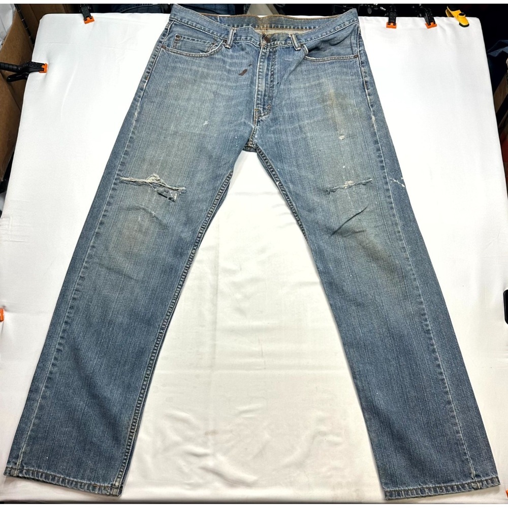 Levi's 505 Jeans Mens Size 36x32 Blue Cotton Stretch Straight Leg Distressed